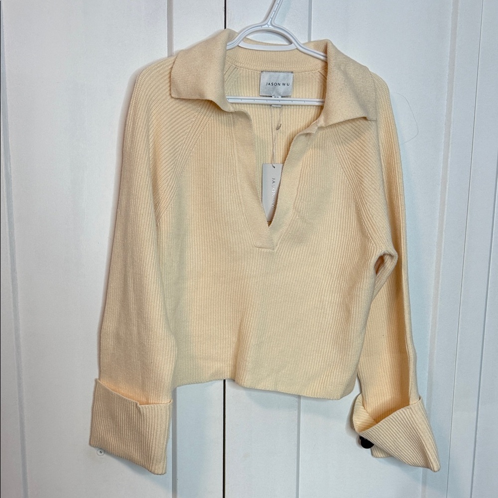 NWTs Jason Wu | Ivory Knit Sweater - Medium - Cuffed Sleeve Accents Vneck Collar